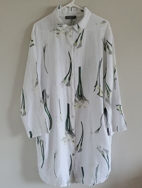 Pistache White Linen Button-Up Tunic Shirt Dress with Green Lily Print Sz L